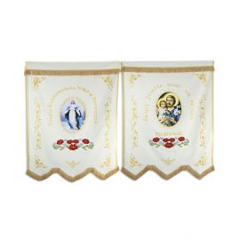 Chorągiew drukowana (Matka Boża, Św. Józef) + haftowane napisy, ornamenty