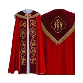 Kapa czerwona haftowana IHS - aksamitne pasy (79) - KAPY LITURGICZNE