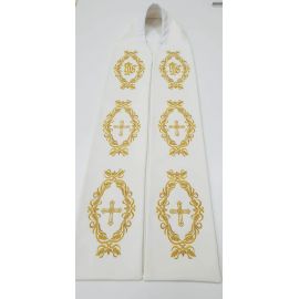 Stuła kapłańska ecru haftowana - IHS, Krzyż (2) - EUCHARYSTYCZNE