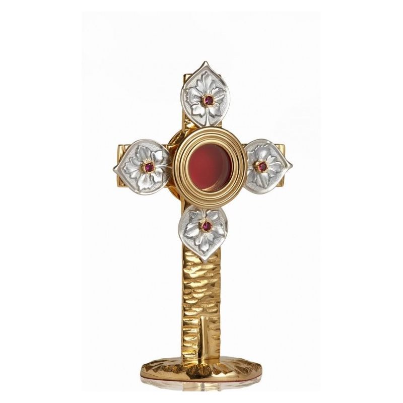 Relikwiarz mosiężny, złocony 22 cm - Krzyż z listkami (4S) - Relikwiarz mosiężny, złocony 22 cm - Krzyż z listkami (4S)