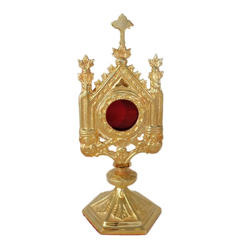 Relikwiarz neogotycki z futerałem, odlew  mosiężny, złocony -30 cm (1A) - Relikwiarz neogotycki z futerałem, odlew  mosiężny, złocony -30 cm (1A)