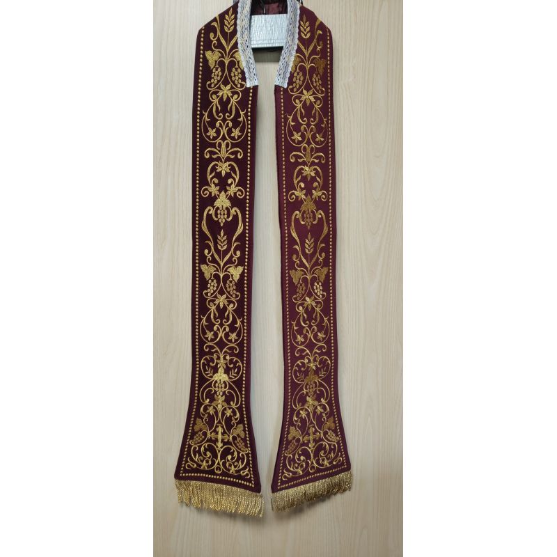 Stuła bordowa z motywem eucharystycznym, aksamit - 120 cm - Stuła czerwona z motywem eucharystycznym
