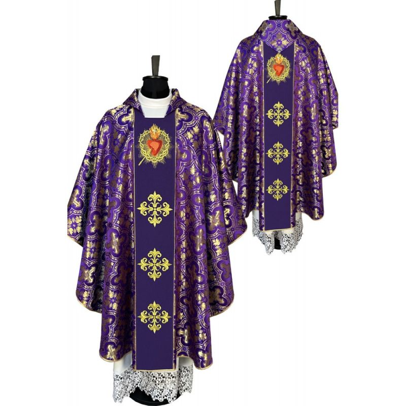 Ornat gotycki fioletowy, haftowany Serce w Koronie (16K) - Ornat gotycki fioletowy, haftowany Serce w Koronie (16K)