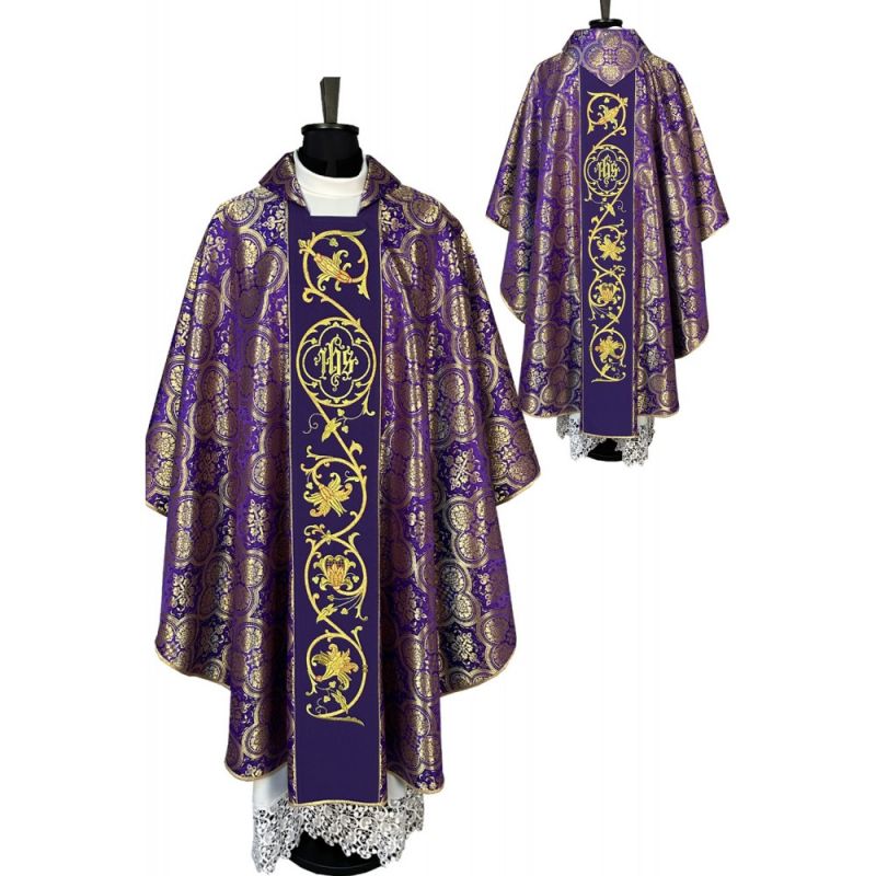 Ornat gotycki fioletowy, haftowany IHS (18K) - Ornat gotycki fioletowy, haftowany IHS (18K)