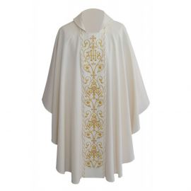 Ornat gotycki ecru, haftowany IHS, strecz (131K) - Ornaty białe/ ecru