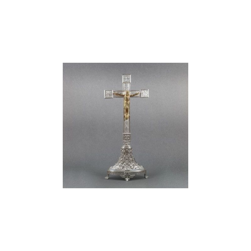 Krzyż ołtarzowy, mosiężny - srebrzony, stojący wys. 53 cm - Krzyż ołtarzowy, mosiężny - srebrzony, stojący wys. 53 cm