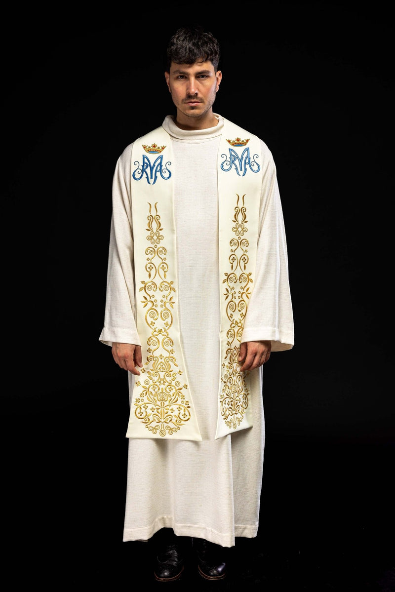 Stuła haftowana ecru, haft maryjny (26H) - EUCHARYSTYCZNE