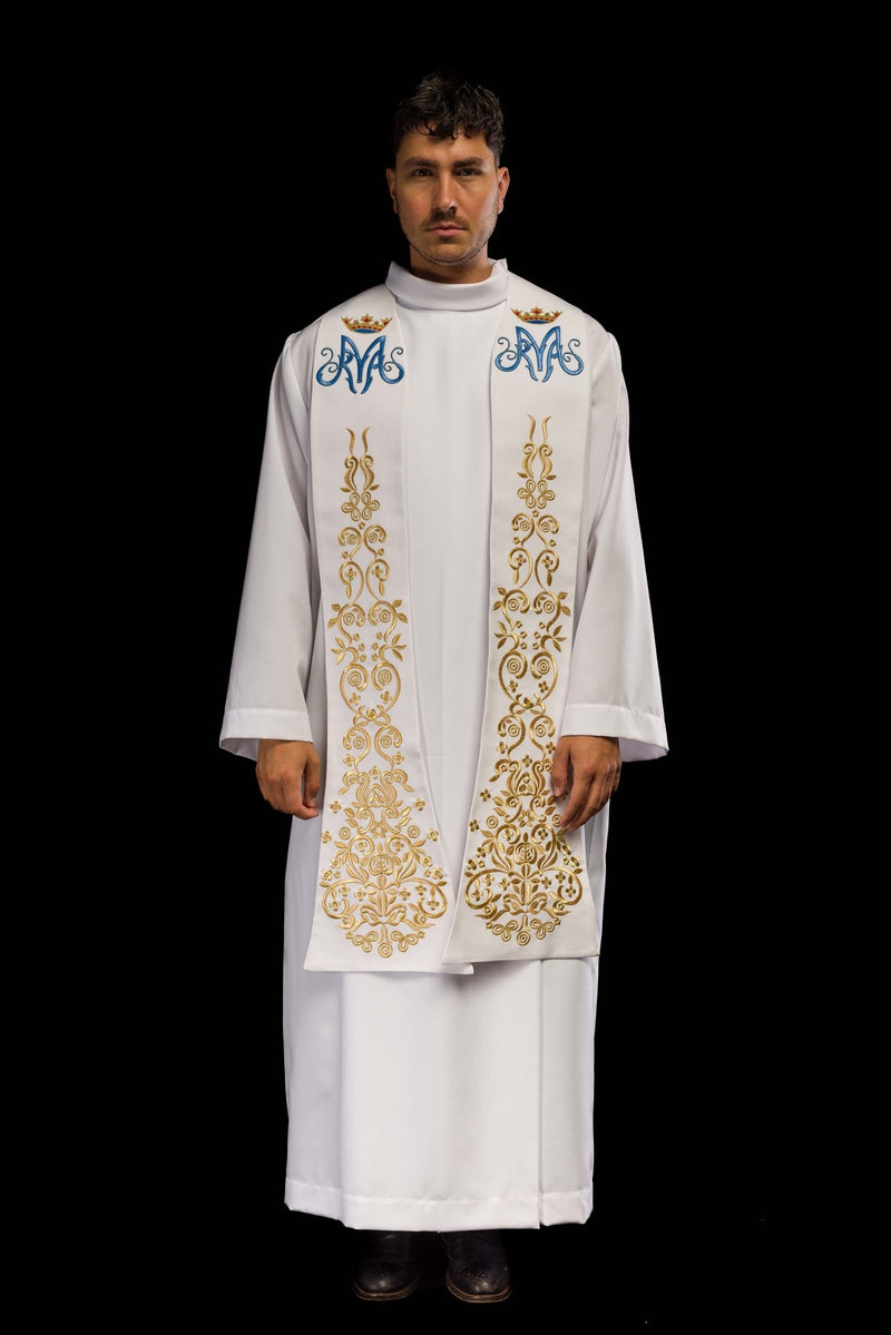 Stuła haftowana biała, haft maryjny (27H) - EUCHARYSTYCZNE