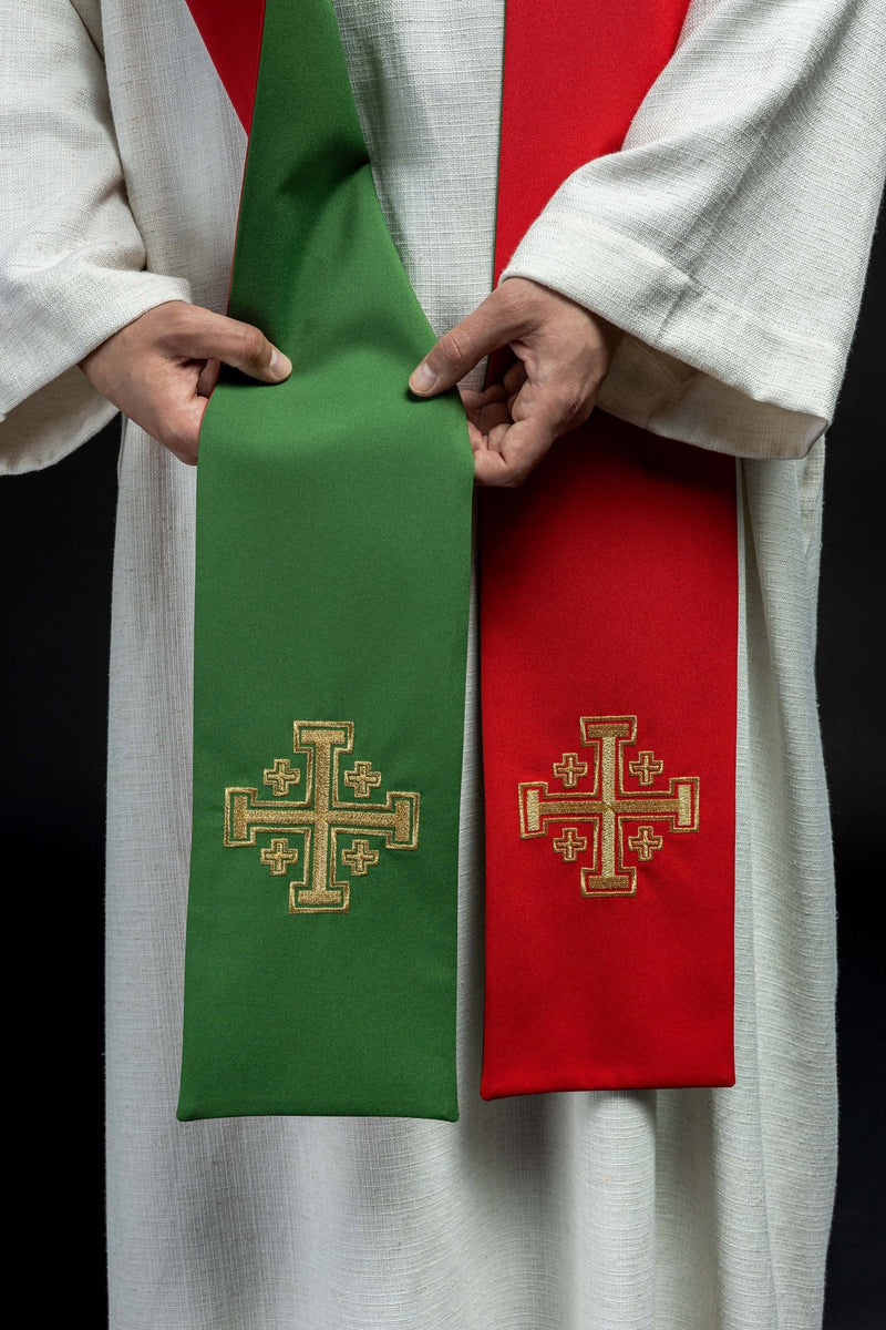 Stuła dwustronna haftowana, Krzyż Jerozolimski zielono- czerwona (29H) - zdjęcie 2