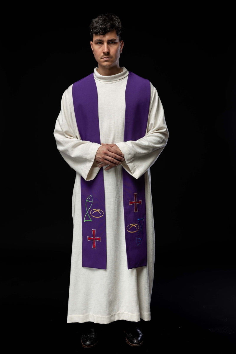 Stuła haftowana fioletowa, symbolika chleba, ryby, krzyża (34H) - EUCHARYSTYCZNE