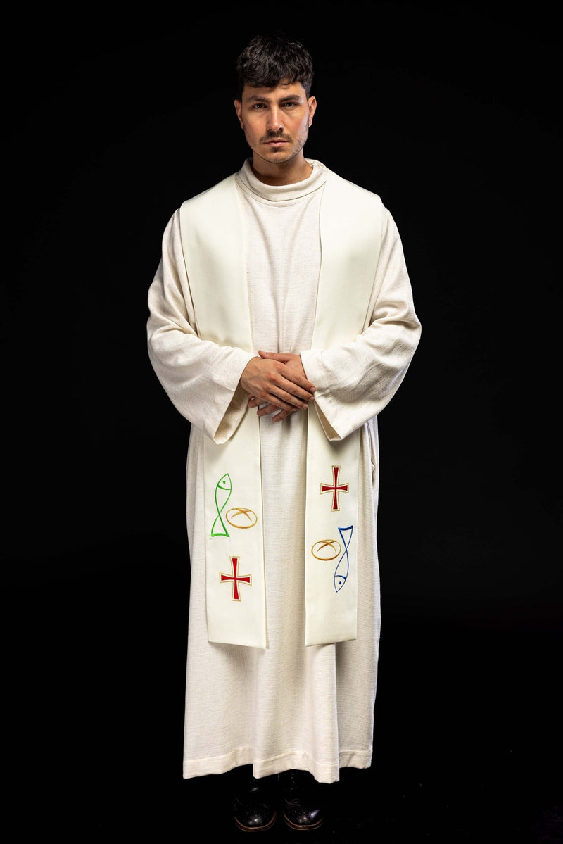 Stuła haftowana ecru, symbolika chleba, ryby, krzyża (35H) - EUCHARYSTYCZNE