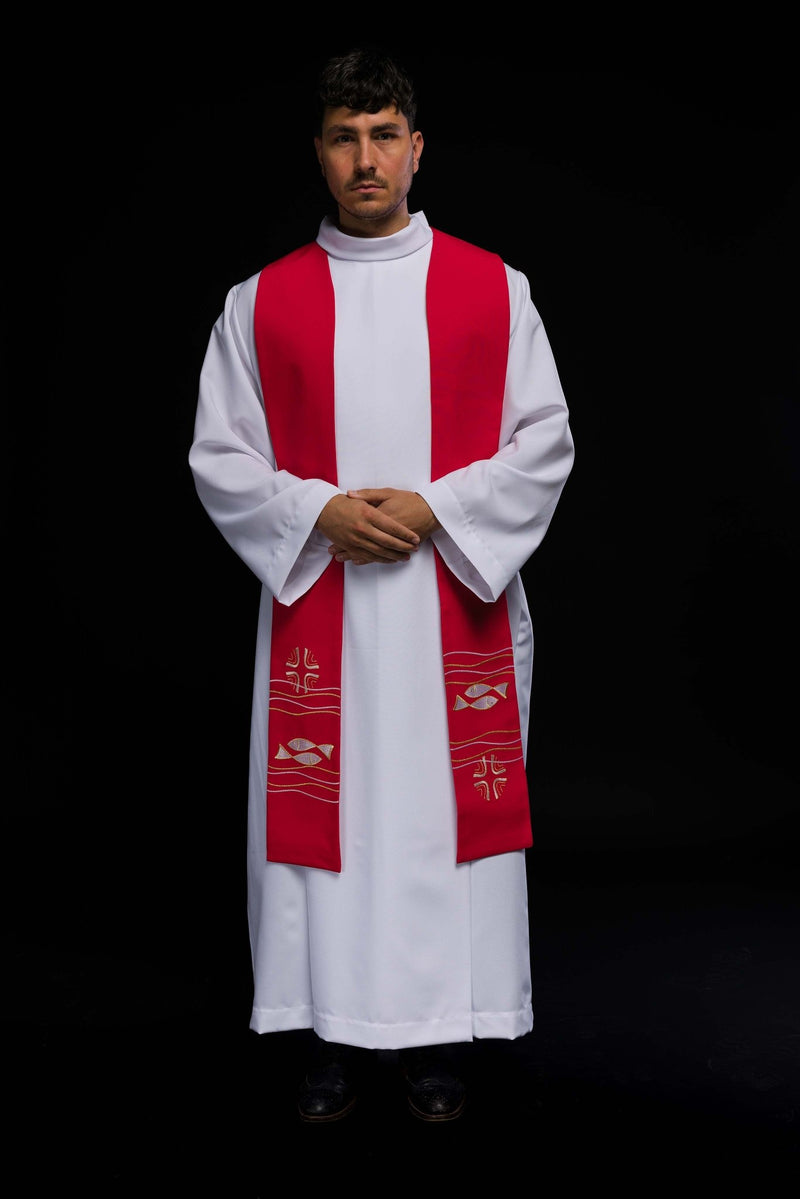 Stuła haftowana czerwona, symbolika ryby, krzyża (37H) - EUCHARYSTYCZNE