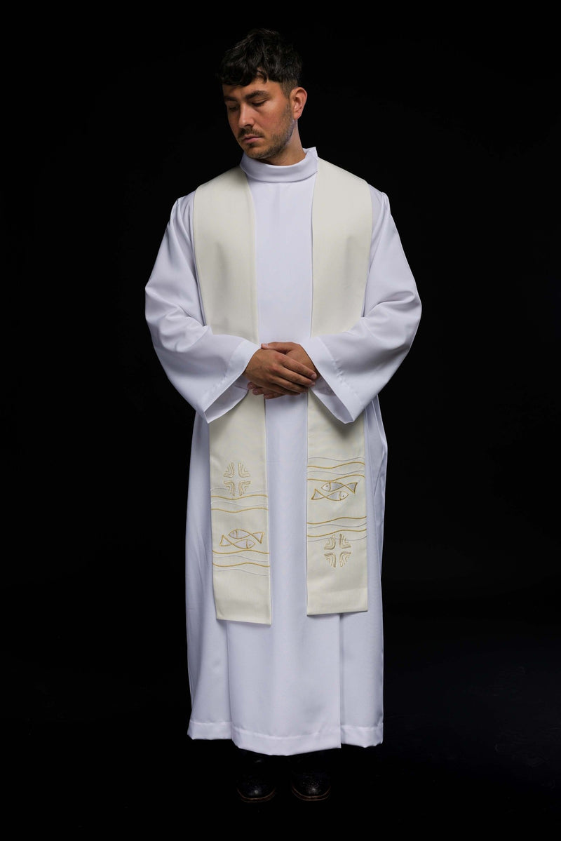 Stuła haftowana ecru, symbolika ryby, krzyża (39H) - EUCHARYSTYCZNE