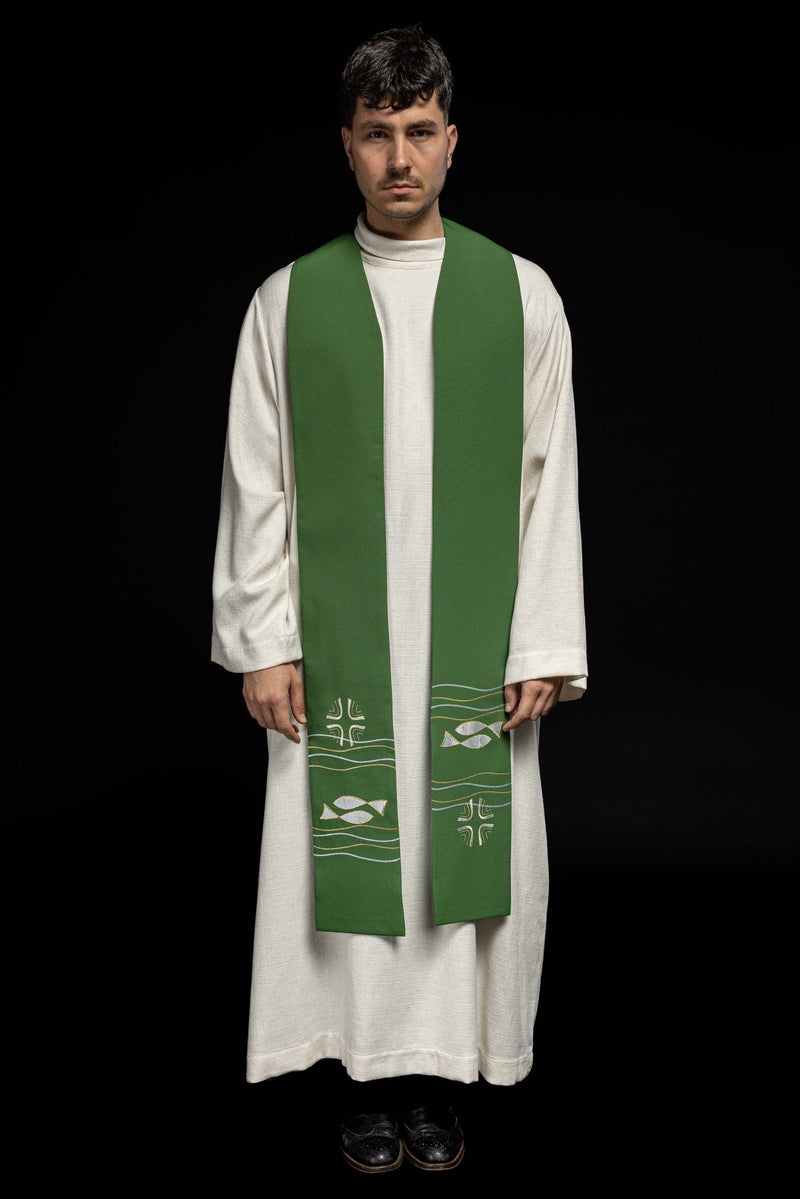 Stuła haftowana zielona, symbolika ryby, krzyża (40H) - EUCHARYSTYCZNE