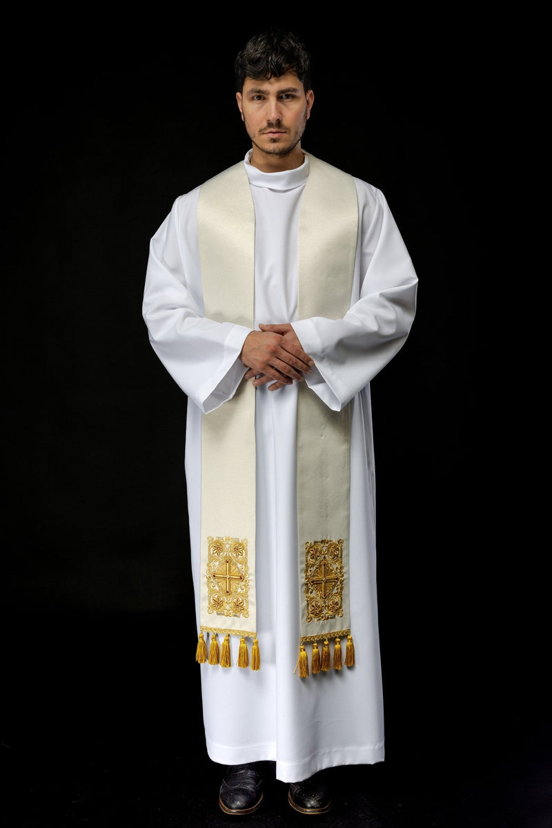Stuła kapłańska haftowana z ozdobnymi kamieniami, biała (51H) - EUCHARYSTYCZNE