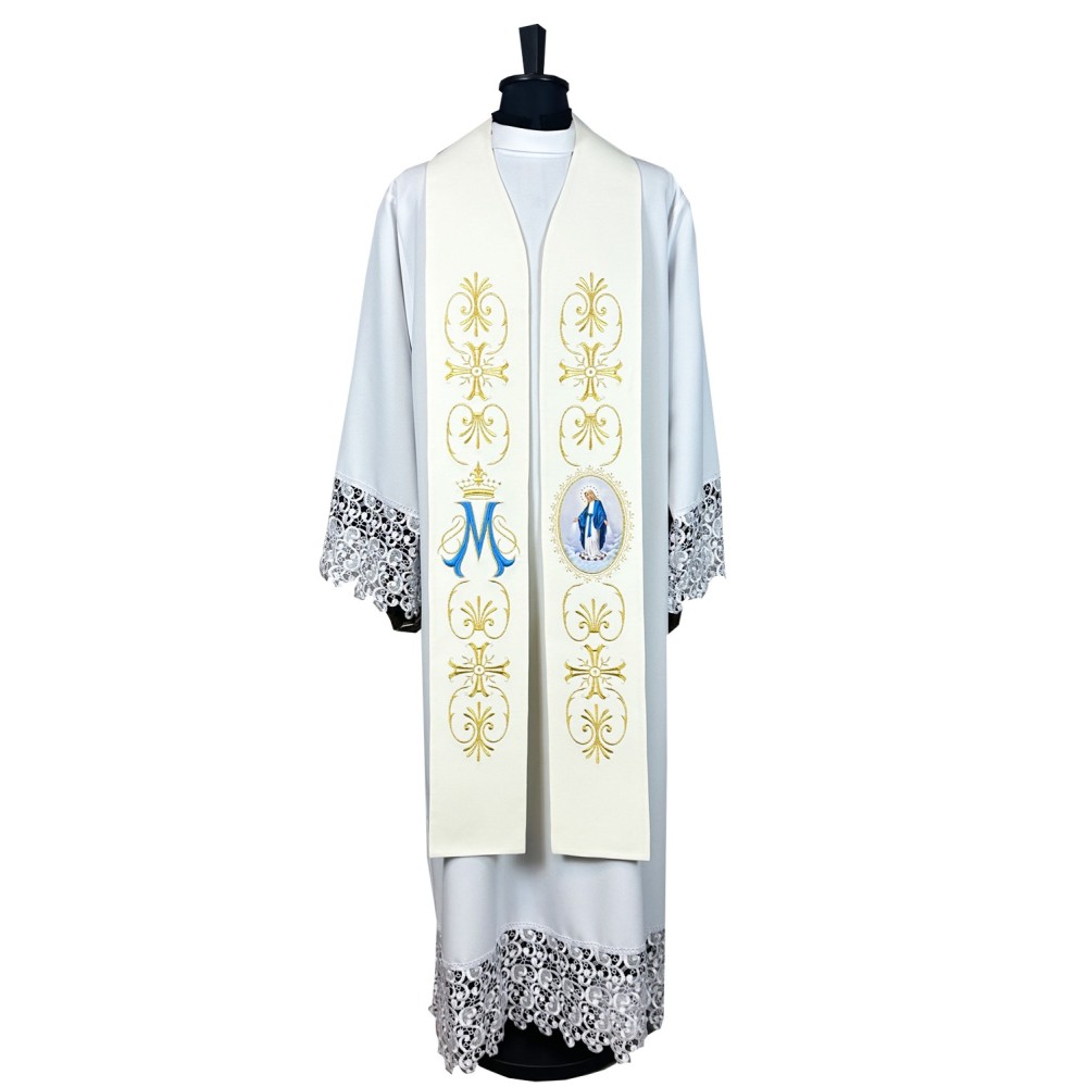 Stuła kapłańska MB Niepokalana - nadruk i haft liturgiczny - Z POSTACIAMI