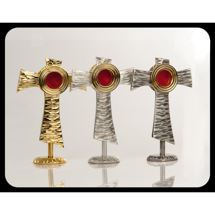 Relikwiarz mosiężny w kształcie franciszkańskiego symbolu. Dostępny w trzech kolorach - wys. 20 cm - Brak kategorii - Nowość