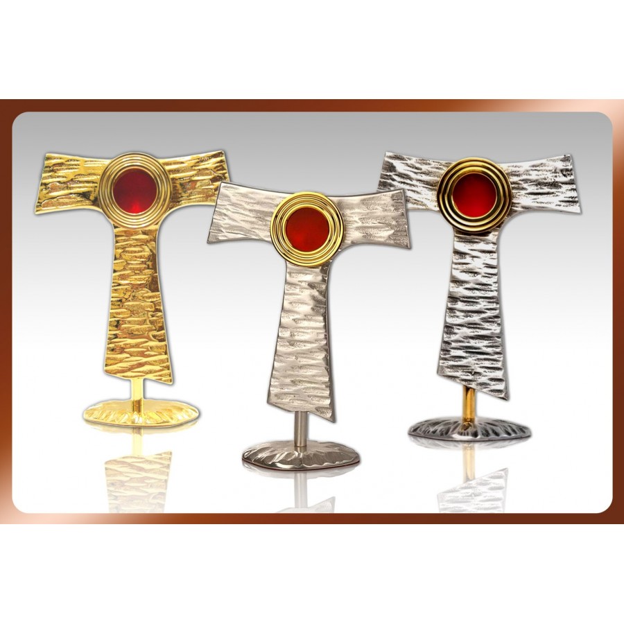 Relikwiarz mosiężny w kształcie franciszkańskiego symbolu "tau". Dostępny w trzech kolorach - wys. 20 cm - Brak kategorii - Nowość