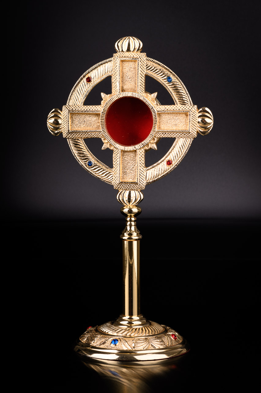 Relikwiarz z kamieniami szlachetnymi, pozłacany - 32 cm - zdjęcie 2