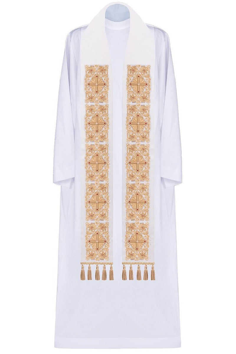 Stuła haftowana ecru, zdobiona chwostami (4H) - EUCHARYSTYCZNE